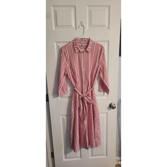 H&M Red and White Striped Midi Shirt Dress Size 14‎ - Picture 1 of 14